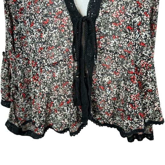 Free People Lola Kimono Black Floral Tie Front Ruffle Bell Sleeve Semi Sheer - Picture 8 of 14